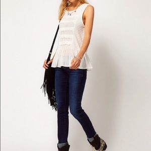 Free People White Cotton Sleeveless with Peplum Detail Top Size L